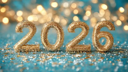 Golden glitter numbers display the year 2026 on a vibrant blue background. Sparkles and festive confetti surround the display creating an atmosphere of celebration and excitement.