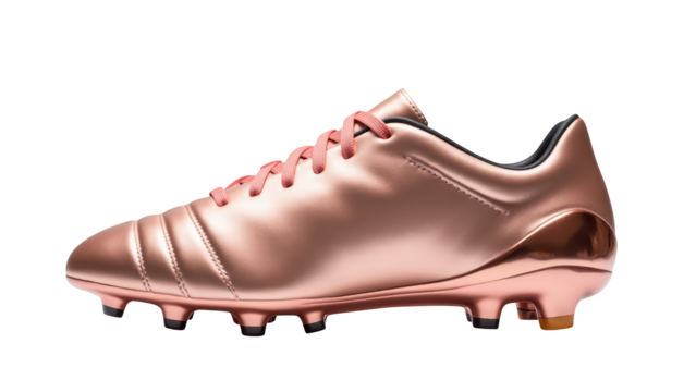 Sleek and stylish soccer cleat in metallic rose gold, designed for performance and comfort on field