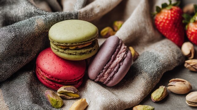 Three macarons in vibrant colors are displayed on a soft cloth accompanied by fresh strawberries and pistachio nuts. The scene suggests a warm inviting atmosphere perfect for a treat.