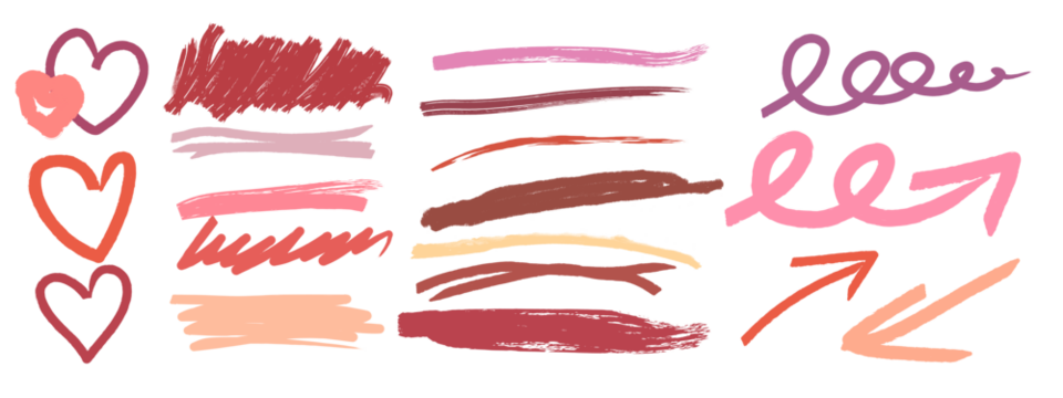 set of lips, lipstick kiss print, illustration hand drawn lipstick marker or lipstick cosmetic highlighter sign and elements set in shades of red, pink and skin color isolated on white