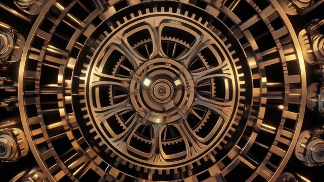 Steampunk golden mechanism spinning with intricate details and dynamic movement