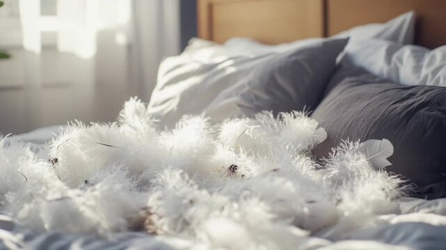 Video Bed with white feathers, decorative arrangement