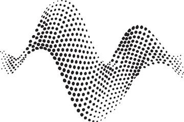 Abstract black halftone dot pattern forming a dynamic wavy, undulating shape on a clean white background, minimalist digital graphic art element isolated on white background