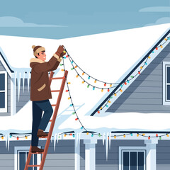 Man decorates house with festive Christmas lights in snowy winter scene