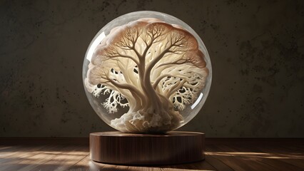 Tree Sculpture in Glass Dome, White and Brown Tones, on a Wooden Base, a captivating art piece for home decor