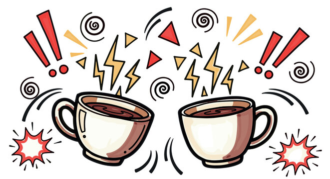 Two energetic hand-drawn coffee cups clinking together in a dynamic comic book style illustration with lightning bolts, exclamation marks, and spirals representing a powerful caffeine boost
