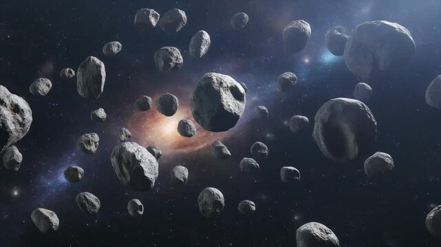 Dynamic asteroid field drifting through the cosmos near a distant galaxy nebula