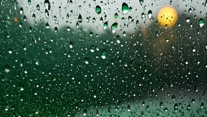 Raindrops on Glass, Green Hue, and Bokeh, creating a melancholic atmosphere, perfect for conveying a rainy day mood