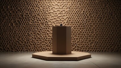Abstract Honeycomb Wall, Brown Podium, Neutral Tones, a visually interesting backdrop for product showcases and artistic presentations