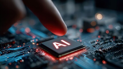 Artificial intelligence concept: human finger touches glowing ai chip on futuristic circuit board, symbolizing innovation and computing