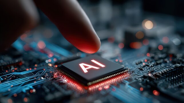 Artificial intelligence concept: human finger touches glowing ai chip on futuristic circuit board, symbolizing innovation and computing