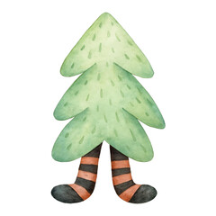 watercolor Christmas tree with a legs on a white background