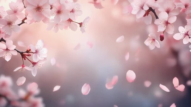 Gentle pink cherry blossoms gracefully falling in soft light with a dreamy atmosphere