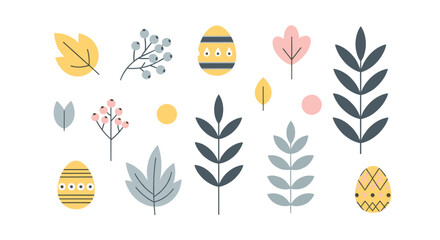 Fototapeta premium Set of minimalist easter decorative elements including painted eggs, stylized leaves, and berry branches in a simple, flat scandinavian folk art style for spring holiday celebration