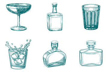 Vintage hand drawn engrave isolated drink set vector illustration. Pure mineral drinking water in glass cup and jug. Eps 10