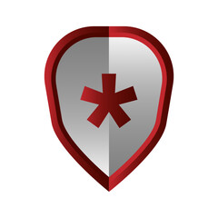 Grey shield icon. Red asterisk mark. Medical cross symbol. Vector security badge.