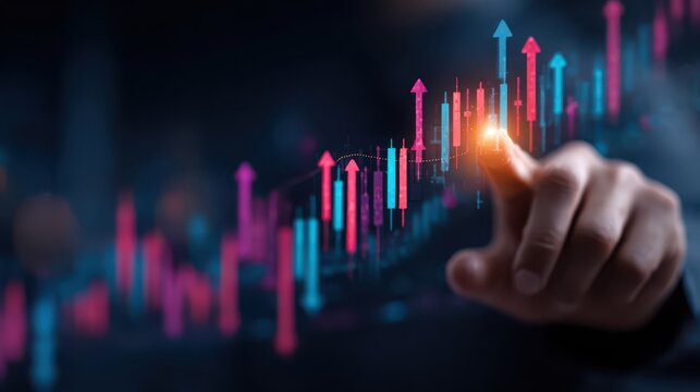 Businessman's hand touching a glowing financial candlestick chart with rising arrows, symbolizing stock market growth and success