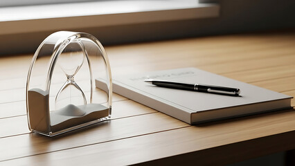 Hourglass on desk with notebook and pen. concept of time passing