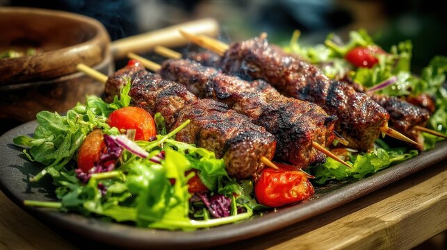 Tender beef kebabs are skewered and perfectly grilled placed on a bed of fresh greens and cherry tomatoes showcasing a colorful and appetizing dish at an outdoor event.