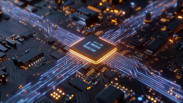 Dynamic circuit board animation with glowing lights for tech innovation videos