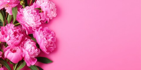 Pink peonies arranged on a bright pink background