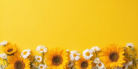 Bright sunflowers and daisies against a vibrant yellow background
