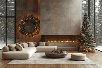 Obraz premium Cozy Christmas living room with a decorated tree, wreath, and fireplace, digital christmas background, ms teams background