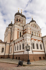 Fototapeta premium Alexander Nevsky Cathedral facade with domes in Tallinn, Estonia.