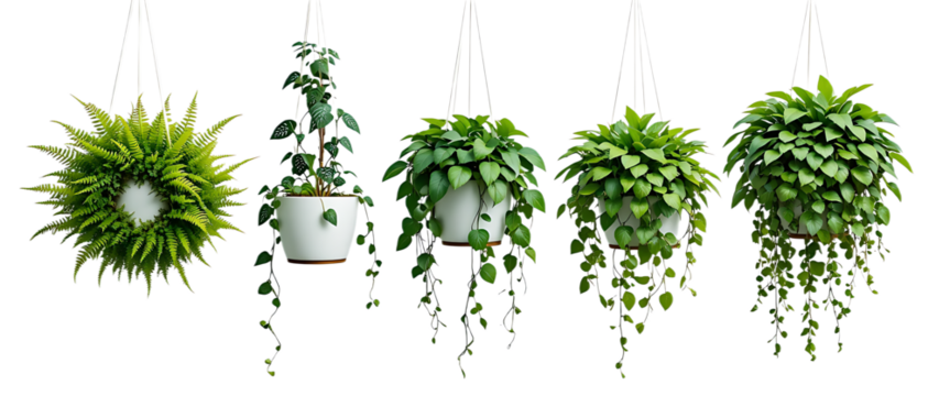 Five hanging white pots with lush green plants including ferns isolated on transparent background. 3D render.