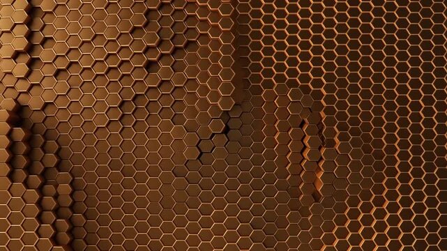 Dynamic golden hexagon pattern shifting, creating a modern metallic background