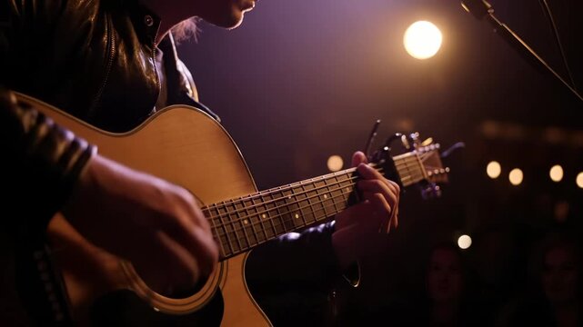 Playing acoustic guitar on stage. Musician strums guitar with hand. Live performance with concert lights. Microphone captures vocals and strings. Neck pick movement visible. Warm stage light mood.