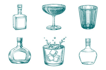 whiskey isolated engrave drink set illustration.  bottles and glass, vector sketch. Scotch, brandy or liquor alcohol drinks. Eps 10