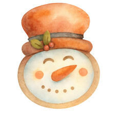 Watercolor hand drawn Christmas ginger cookies in the snowman