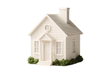 Minimalist white ceramic house figurine with classic gable roof and porch. Cute glossy white miniature house model with chimney and front door