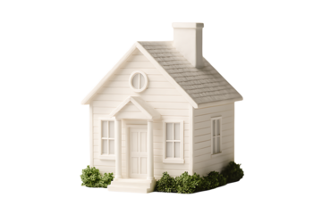 Minimalist white ceramic house figurine with classic gable roof and porch. Cute glossy white miniature house model with chimney and front door