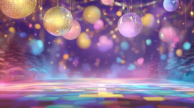 A vivid dance floor is adorned with sparkling disco balls and colorful lights. The magical atmosphere creates a joyful ambiance perfect for a night of celebration and fun.