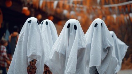 A group of children dressed in white ghost costumes walks together during an autumn festival. The scene is lively with colorful decorations and people around them.