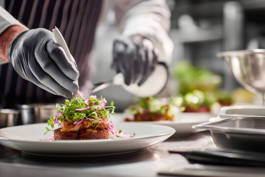 close-up of chefs gloved hands preparing food