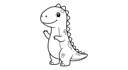 A cute and friendly cartoon dinosaur character with a happy expression is standing and waving, presented as a black and white line art illustration.