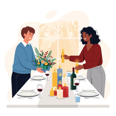 Romantic couple preparing elegant dinner table with wine and candlelight