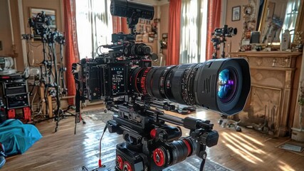 Video A camera sits on a tripod in a cozy living room setting, ready to capture moments