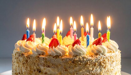 A close-up shot of a birthday cake with many burning candles and fresh strawberries on top. It's a celebratory image