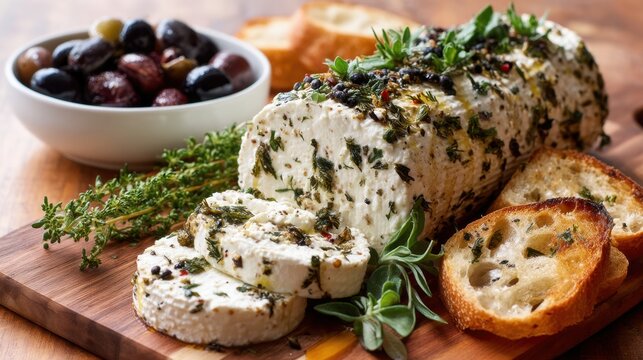 Delicious herb cheese is sliced and arranged on a wooden board alongside a bowl of mixed olives and crispy toasted bread perfect for sharing at a casual get together.