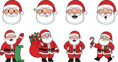 Santa Claus Character Set: Cute Colored Christmas Mascots with Various Expressions and Poses