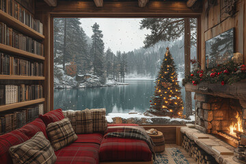 Cozy cabin interior with Christmas tree, fireplace, and snowy lake view, christmas background, ms teams background
