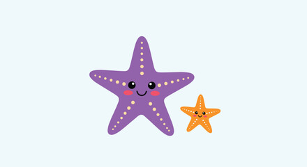 An adorable digital illustration shows a large, cheerful purple starfish and a smaller, happy orange starfish on a serene light blue background.