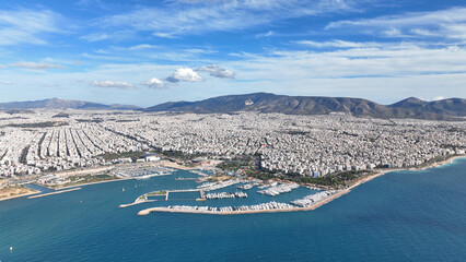 Aerial drone photo of famous port of Flisvos with luxury anchored yachts and sail boats, Faliro Marina, Athens riviera, Attica, Greece © aerial-drone