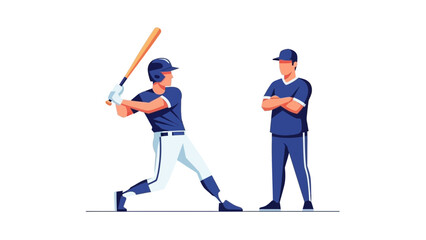 Fototapeta premium Dynamic baseball player swinging bat with coach overseeing practice, embodying teamwork, athleticism, and dedication in a modern sports illustration