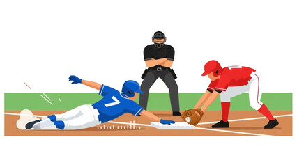 Intense baseball game action with player sliding into base while opponent fields, overseen by umpire in dramatic showdown, captures the thrill of competition