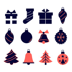 Modern Christmas Icons Set - Navy Blue and Coral Holiday Vector Pack with Tree, Gift, Stocking, Bell, Ornament and Snowflake